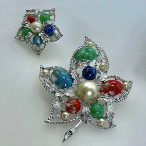 1967 Sarah Coventry “Fantasy” Brooch + 1 Earring – Multicolor Cabs, Orphan Set!